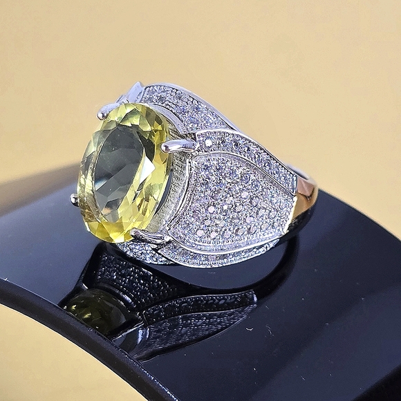 Natural Lemon Quartz 15x11mm & CZ 925 Sterling Silver Ring Sz 8.5 - Picture 9 of 10